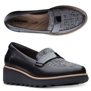 Clarks Sharon Gracie Penny Loafer 8.5M Black Patent Leather Tweed Preppy Classic